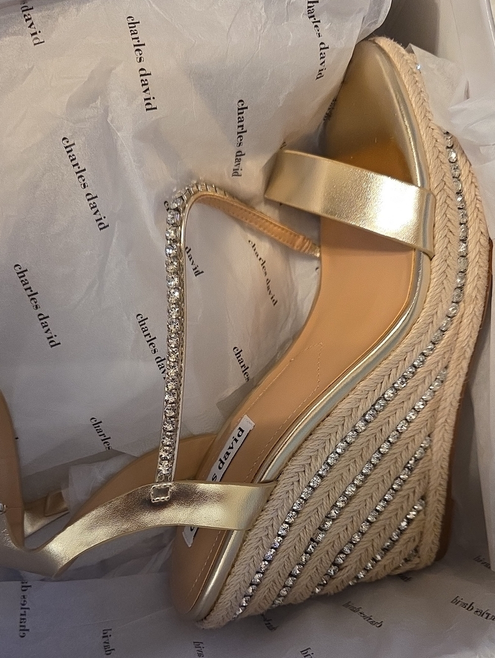 Charles David Gold Metallic Espadrille Wedges with Rhinestone T-Strap